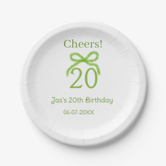 グリーン20歳の誕生日リボン水彩名前太字レトロ ペーパープレート (正面)