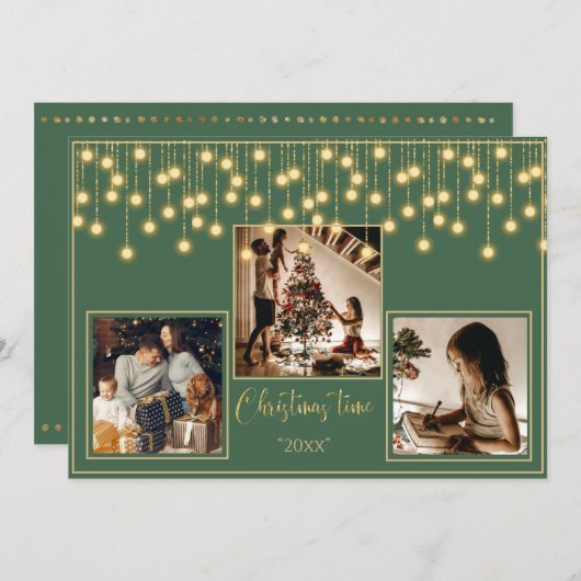 グリーン3写真クリスマスタイム金ゴールド休日 シーズンカード (正面/裏面)