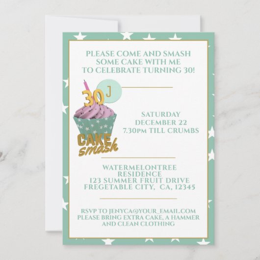 グリーン30thバースデーケーキスマッシュパーティの招待状 招待状 (正面)
