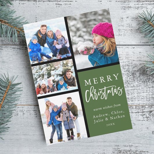 グリーン4フォトコラージュメリーモダンクリスマス シーズンカード