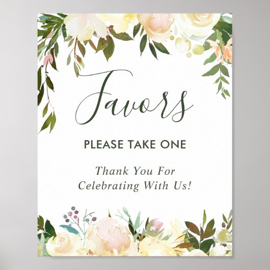 グリーン+アイボリー+ホワイトのフラワーの結婚式の引出物サイン ポスター (正面)