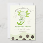 グリーン アクソロトル バブル ボバ ティー 子供の誕生日 招待状 (正面)