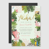グリーン |アロハハワイ熱帯金ゴールド誕生日パーティー マグネット招待状 (正面/裏面)