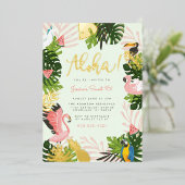 グリーン |アロハハワイ熱帯金ゴールド誕生日パーティー 箔招待状 (立ち正面)