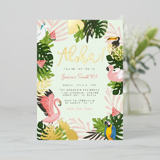グリーン |アロハハワイ熱帯金ゴールド誕生日パーティー 箔招待状 (立ち正面)