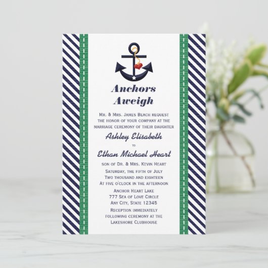グリーン·アンド·ネイビーいかり航海の結婚式招待状 招待状 (スタンド正面)