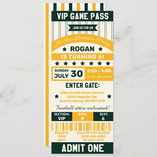 グリーン&イエロースポーツをテーマにしたチケット誕生日パーティー 招待状 (正面/裏面)