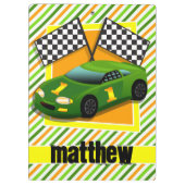 グリーン、イエロー、オレンジのレースカー、ストライプ クリップボード (裏面)