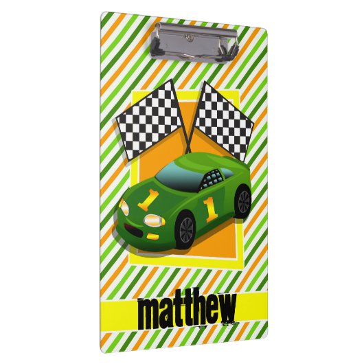 グリーン、イエロー、オレンジのレースカー、ストライプ クリップボード (右)