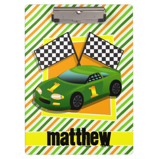 グリーン、イエロー、オレンジのレースカー、ストライプ クリップボード (正面)