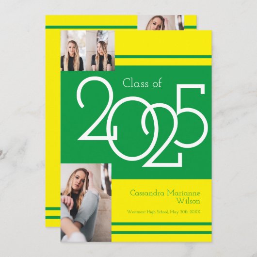 グリーン・イエロー・スクール・カラー卒業発表 招待状 (正面/裏面)