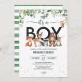 グリーン イッツ ア ボーイ ウッドランド アニマル ベイビー シャワー I 招待状 (正面/裏面)