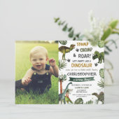 グリーン インテリア かっこいい恐竜 T-Rex 誕生日パーティー フォト 招待状 (スタンド正面)