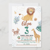 グリーン・ウォーターカラーの子供イラスト サバンナ テーマ 招待状 (正面)