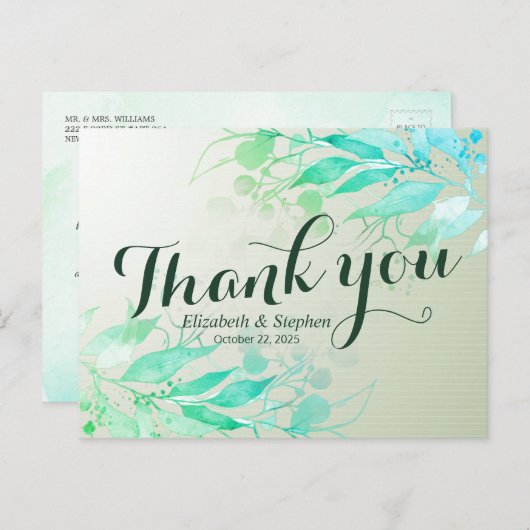 グリーン・ウォーターカラーの葉の植物学的な結婚式のお礼 ポストカード (正面/裏面)