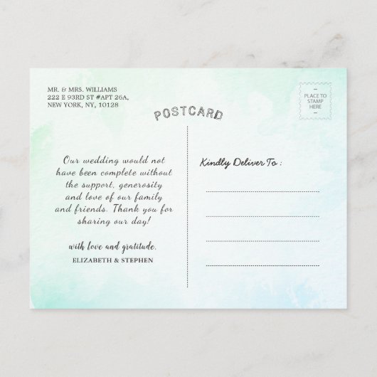 グリーン・ウォーターカラーの葉の植物学的な結婚式のお礼 ポストカード (裏面)