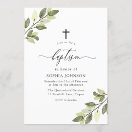 グリーン・ウォーターカラーの葉の赤ちゃん男の子または女の子の洗礼 招待状