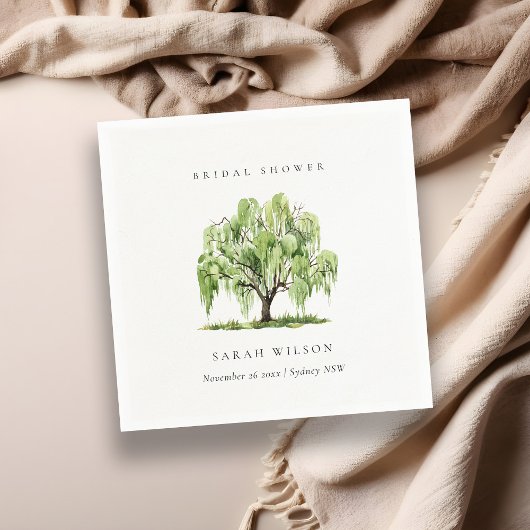 グリーン ウォーターカラー ウィロー ツリー ファーム ブライダル シャワー スタンダードカクテルナプキン