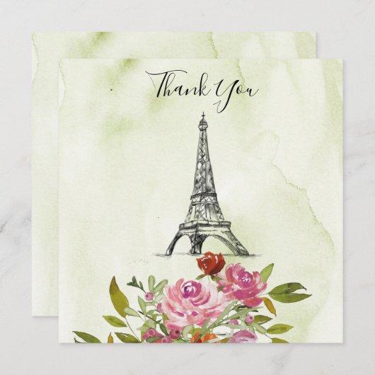グリーン・ウォーターカラー・エッフェル塔・ウェディング・サンクス 招待状 (正面/裏面)