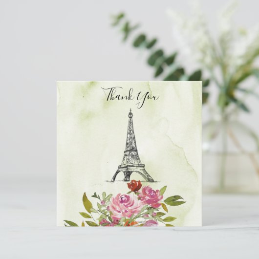 グリーン・ウォーターカラー・エッフェル塔・ウェディング・サンクス 招待状 (スタンド正面)