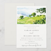 グリーン・ウォーターカラー・カントリー・ヒルズ・カップルシャワー 招待状 (正面/裏面)