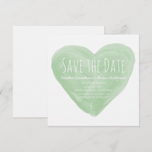 グリーン・ウォーターカラー・ハートのSave the Date招待状 招待状 (正面/裏面)