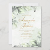 グリーン・ウォーターカラー・フラワーリーフ・エレガント・ウェディング 招待状 (正面)