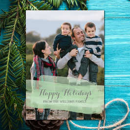 グリーン・ウォーターカラー・ブラシストロークのホリデー写真カード シーズンカード