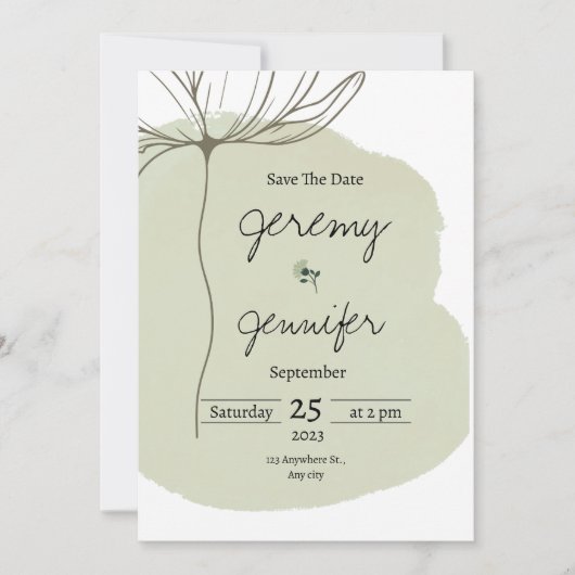 グリーン・ウォーターカラー・ポートレート ミニマリスト シンプル 招待状 (正面)