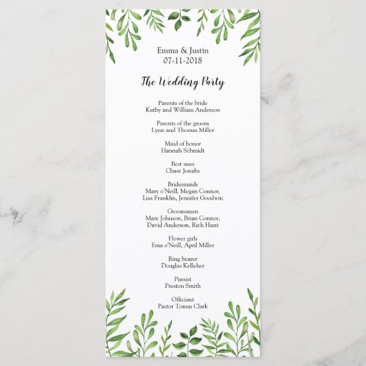 グリーン・ウォーターカラー モダン・ボタニカル ウェディング ラックカード プログラム (正面)