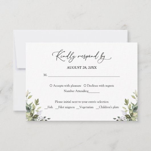 グリーン ウォーターカラー ユーカリ RSVP 返信カード (正面)