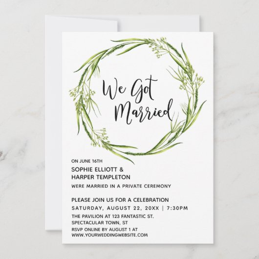 グリーン ウォーターカラー リース 私たち結婚しました タイポグラフィ 招待状 (正面)