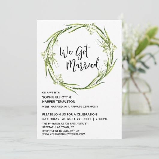 グリーン ウォーターカラー リース 私たち結婚しました タイポグラフィ 招待状 (スタンド正面)
