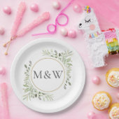 グリーン ウォーターカラー 葉っぱ モノグラムイニシャル ペーパープレート (パーティー)