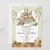 グリーン ウッドランド パンプキントラック 動物たち 誕生日 招待状 (正面)