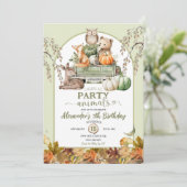 グリーン ウッドランド パンプキントラック 動物たち 誕生日 招待状 (スタンド正面)