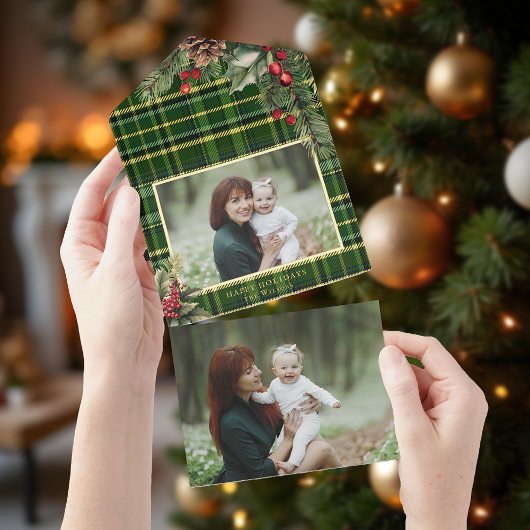 グリーン/エレガントゴールドフォイルPlaidホリー写真 オールインワン招待状