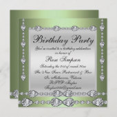 グリーン&エレガントシルバーダイヤモンド誕生日招待状 招待状 (正面/裏面)