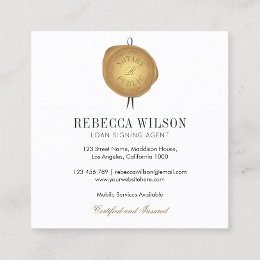 グリーン&エレガント金ゴールドワックススタンプシモダンック公証人 スクエア名刺 (裏面)