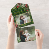 グリーン/エレガント金ゴールド格子模様ホリークリスマスフォト オールインワン招待状 (貼ってはがせる)