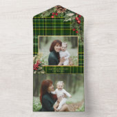 グリーン/エレガント金ゴールド格子模様ホリークリスマスフォト オールインワン招待状 (内側)