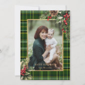 グリーン/エレガント金ゴールド格子模様ホリークリスマスフォト シーズンカード (正面)