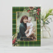 グリーン/エレガント金ゴールド格子模様ホリークリスマスフォト シーズンカード (スタンド正面)