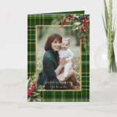 グリーン/エレガント金ゴールド格子模様ホリークリスマスフォト シーズンカード (正面)