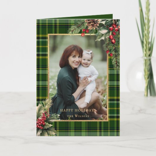 グリーン/エレガント金ゴールド格子模様ホリークリスマスフォト シーズンカード (正面)