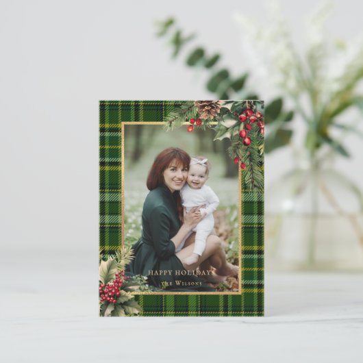 グリーン/エレガント金ゴールド格子模様ホリークリスマスフォト シーズンポストカード (スタンド正面)