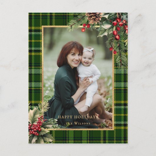 グリーン/エレガント金ゴールド格子模様ホリークリスマスフォト シーズンポストカード (正面)