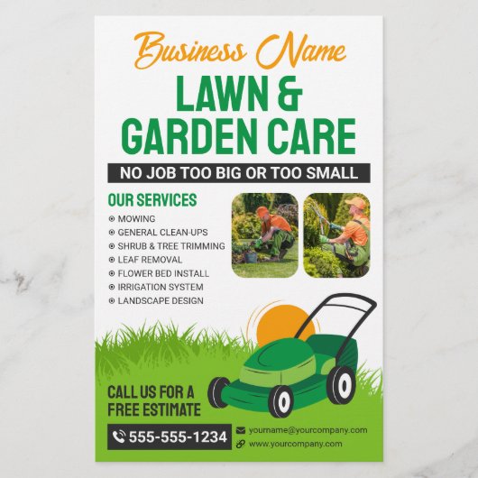 グリーン＆オレンジの芝生と庭の手入れ 刈込・粉砕 チラシ (正面)