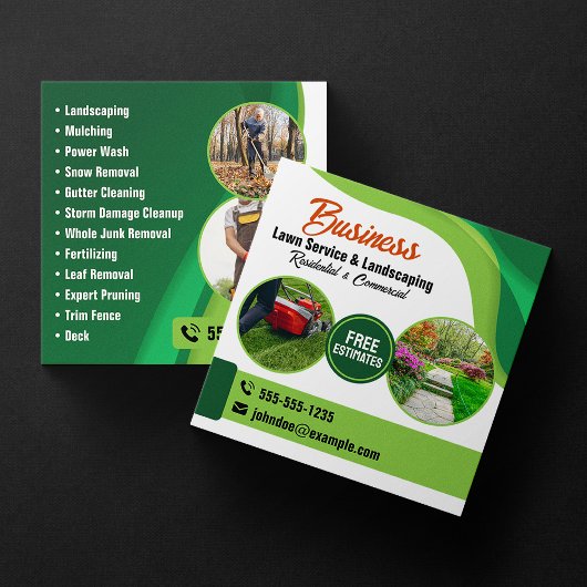 グリーン&オレンジの造園サービス ランスケープ&芝生管理サービス スクエア名刺