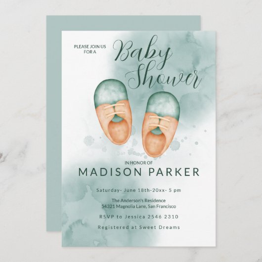 グリーン&オレンジベビーシューズ招待状 招待状 (正面/裏面)